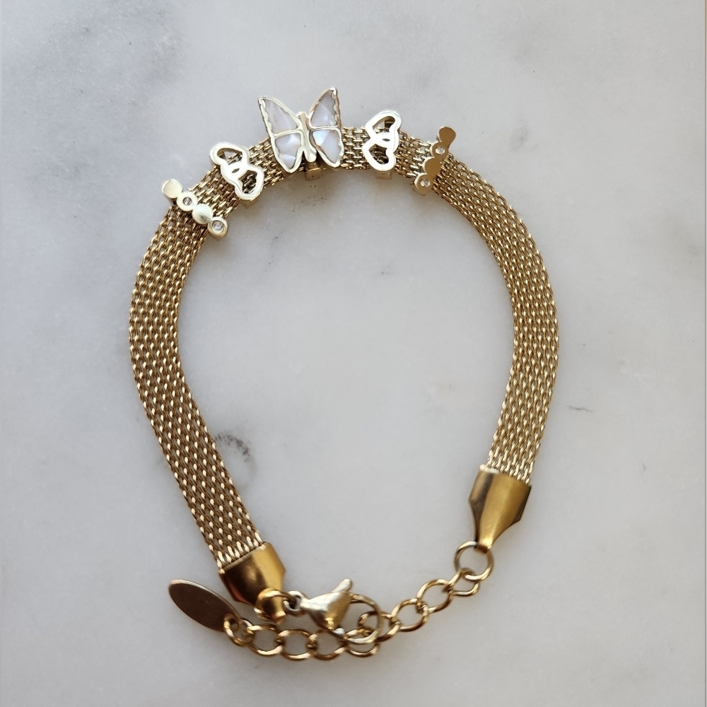 Stainless Steel Gold Tone Mesh Bracelet Butterfly Charm Adjustable